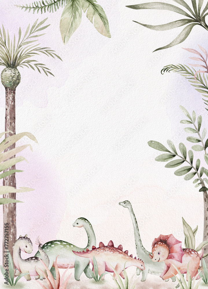 Cute dinosaur cartoon baby shower pre-made background watercolor illustration, hand painted dino for birthday poster decoration. Rex children funny - obrazy, fototapety, plakaty 