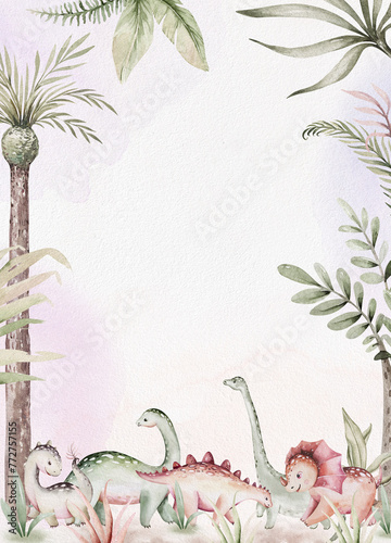 Cute dinosaur cartoon baby shower pre-made background watercolor illustration, hand painted dino for birthday poster decoration. Rex children funny © kris_art