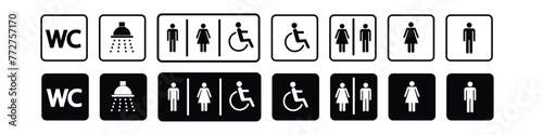 WC icons set. Toilet sign. Man, woman, mother with baby and handicapped silhouettes collection. Male and female restroom.