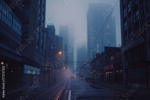 A deserted downtown district engulfed in fog, with tall buildings disappearing into the mist, and the sound of distant sirens echoing through the silent city streets, Generative AI