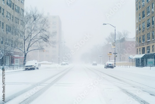 A deserted urban landscape during a snowstorm, with pristine white snow covering the roads, buildings, and sidewalks, creating a serene winter scene, Generative AI