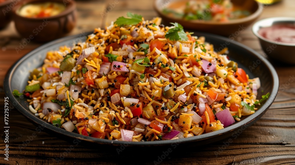 A flavorful plate of bhel puri, featuring a popular Indian street food snack made with puffed rice A flavorful plate of bhel puri, featuring a popular Indian street food snack made with puffed rice