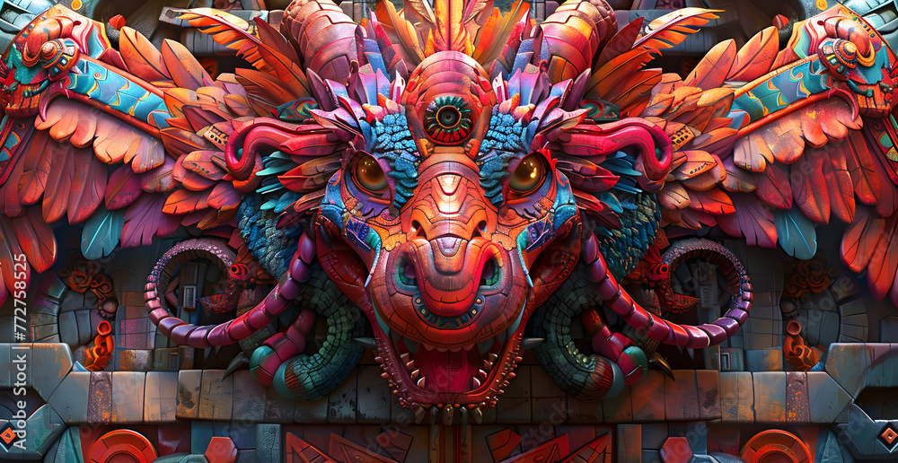a psychedelic fractal pattern of Maya, Aztec and Inca culture patterns of animals, faces and shapes, full color highres a psychedelic fractal pattern of Maya, Aztec and Inca culture patterns of animals, faces and shapes, full color highres