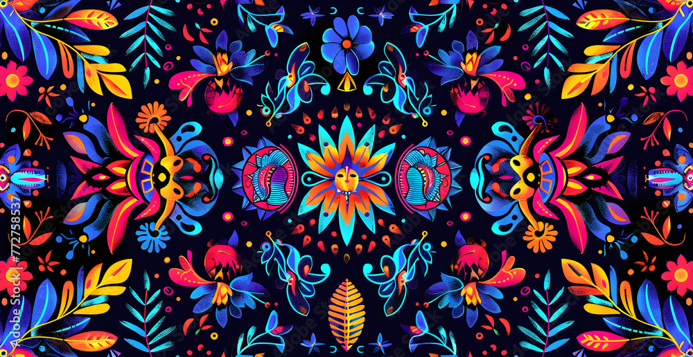 a psychedelic fractal pattern of Maya, Aztec and Inca culture patterns of animals, faces and shapes, full color highres