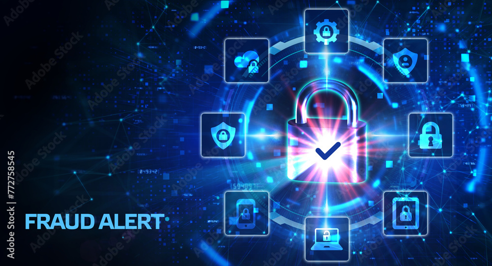 Fraud Alert Caution Defend Guard Notify Protect Concept. 3d illustration