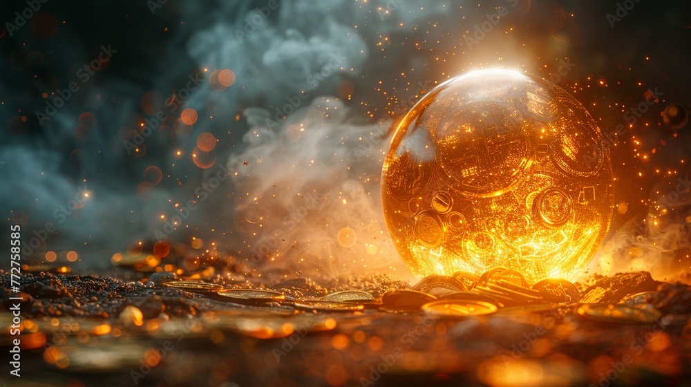 A sleek 3D render of a crystal ball showing future financial markets, with gold coins and stock tickers swirling in a mystical fog A sleek 3D render of a crystal ball showing future financial markets, with gold coins and stock tickers swirling in a mystical fog