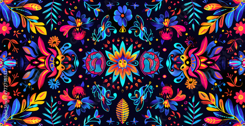 a psychedelic fractal pattern of Maya, Aztec and Inca culture patterns of animals, faces and shapes, full color highres