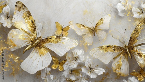 golden butterfly on a flower, white butterflies on white with gold tint flowers painted with oil © FatimaBaloch