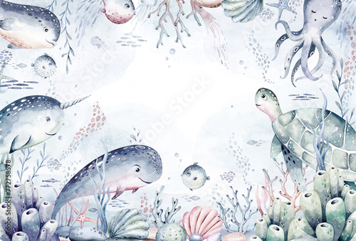 Set of sea animals. Blue watercolor ocean fish, turtle, whale and coral. Shell aquarium background. Nautical dolphin marine illustration, jellyfish, starfish