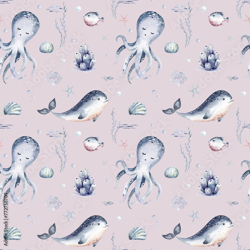 Watercolor seamless pattern with underwater world Bright fish, whale, shark dolphin starfish animals. Jellyfish seashells. Sea and ocean fish life background © kris_art