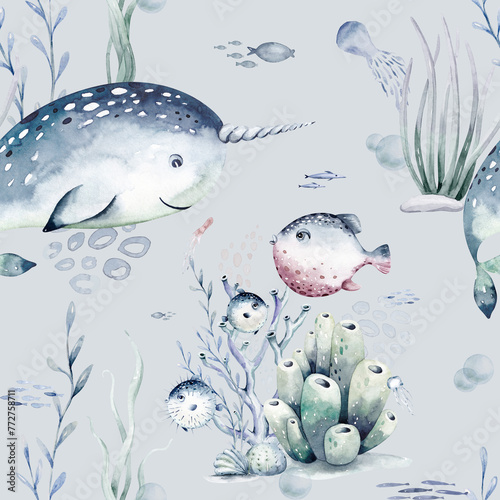 Watercolor seamless pattern with underwater world Bright fish, whale, shark dolphin starfish animals. Jellyfish seashells. Sea and ocean fish life background © kris_art