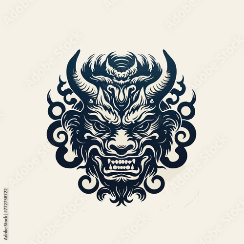 Dark art scary Japanese hannya mask black and white illustration
