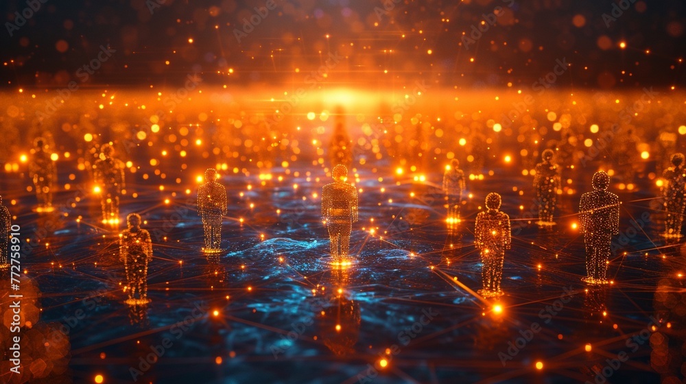 A sleek 3D render of a network of people connected by glowing lines, symbolizing crowdfunding and collective investment efforts