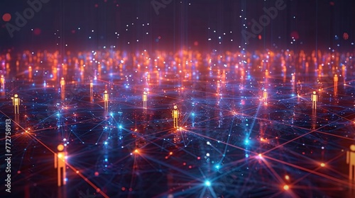 A sleek 3D render of a network of people connected by glowing lines, symbolizing crowdfunding and collective investment efforts