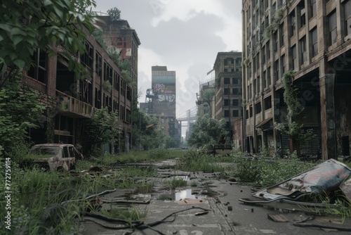 A post-apocalyptic cityscape devoid of life, with crumbling buildings, overgrown vegetation, and the remnants of civilization scattered throughout the desolate landscape, Generative AI