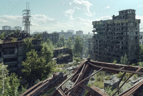 A post-apocalyptic cityscape devoid of life, with crumbling buildings, overgrown vegetation, and the remnants of civilization scattered throughout the desolate landscape, Generative AI