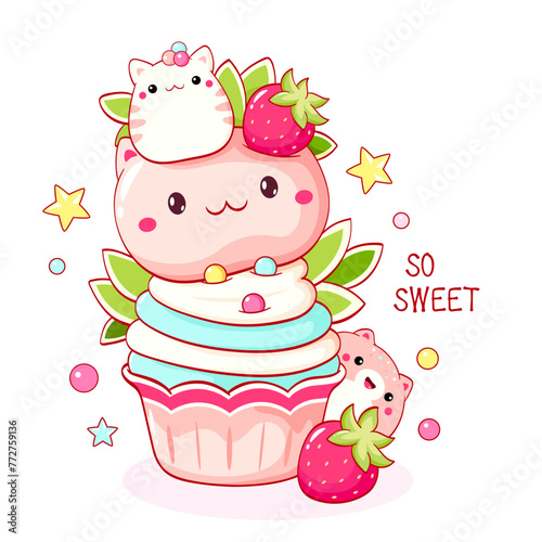 Cute cat-shaped dessert in kawaii style. Cake, muffin and cupcake with whipped cream and berry. Inscription So sweet. Can be used for t-shirt print, sticker, greeting card. Vector illustration EPS8