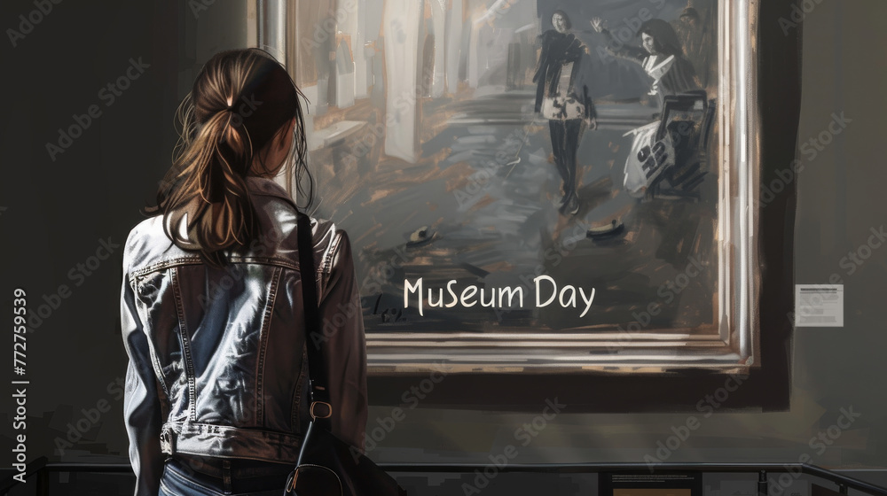 International Museum day illustration with a person looking at a painting with written Museum Day to celebrate this world day