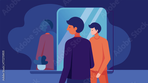 A person seeing their true self in the mirror but layers of biased thoughts and societal expectations distort their image.