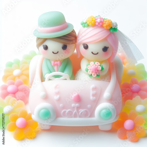 a cute wedding couple in wedding car made of pastel color rainbow gummy candy with flowers around on a white background