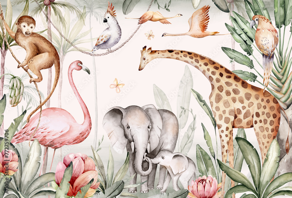 Naklejka premium Watercolor illustration of African Animals: elephant and monkey, cockatoo, wild parrot and giraffe, flamingo isolated white background. Safari savannah animals.