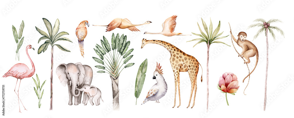 Watercolor illustration of African Animals: elephant and monkey, cockatoo, wild parrot and giraffe, flamingo isolated white background. Safari savannah animals. - obrazy, fototapety, plakaty 