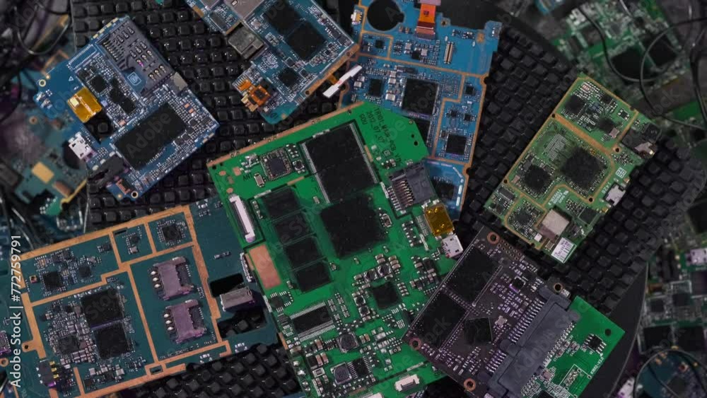 Microchips and motherboards in wires rotating scene background with ...