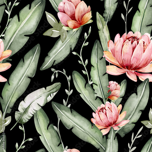watercolor hand drawn seamless pattern with tropical leaves and flowers © kris_art