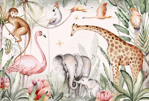 Watercolor illustration of African Animals: elephant and monkey, cockatoo, wild parrot and giraffe, flamingo isolated white background. Safari savannah animals.