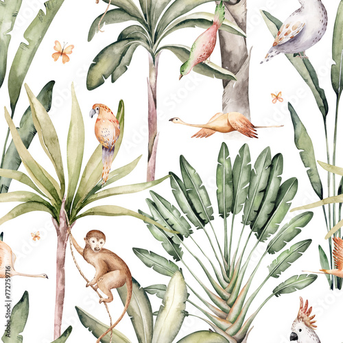Wild animals watercolor seamless pattern with giraffe and elephant, monkey with cockatoo, parrot savannah with palm trees. Repeating background.