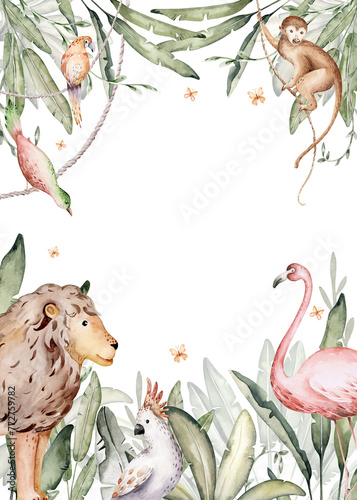 Watercolor frame background of african plants and animals with elephant, monkey and cockatoo, border with parrot and giraffe. tropical leaves