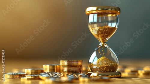 A vibrant 3D render of a golden hourglass with coins instead of sand, symbolizing the value of time in compounding investments
