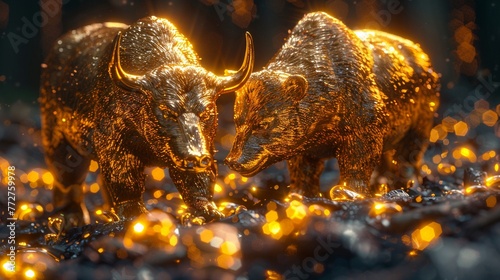 A vibrant 3D render of a golden bull and bear symbolizing the stock markets ups and downs, set against a backdrop of rising charts photo