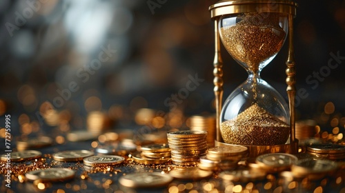 A vibrant 3D render of a golden hourglass with coins instead of sand, symbolizing the value of time in compounding investments photo