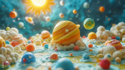 A whimsical 3D cartoon of a family s financial goals as different planets, orbiting around a sun represented by their main investment strategy photo