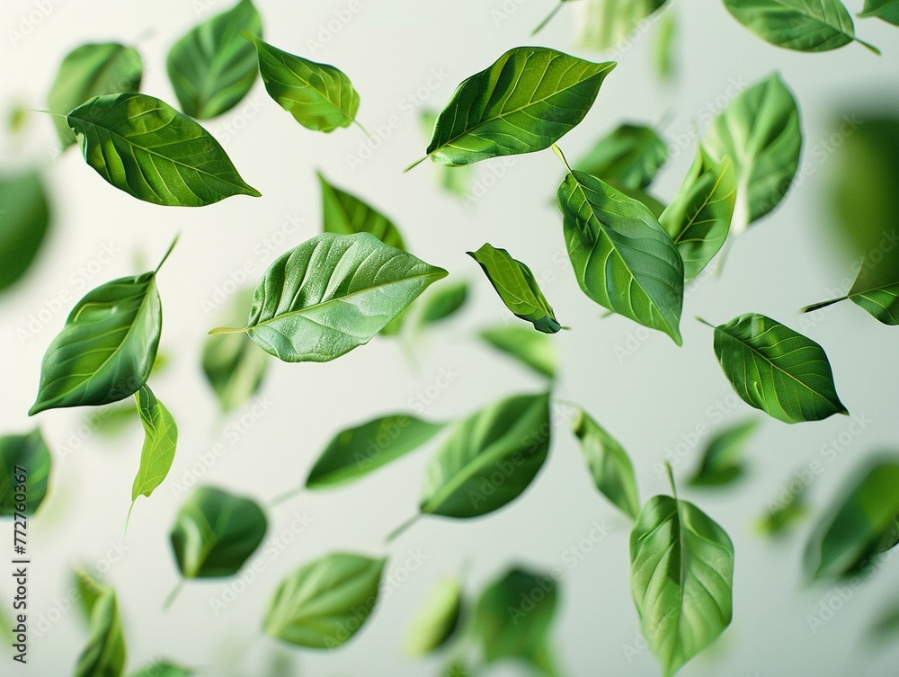 Photorealistic green leaves in midair, random pattern, white backdrop ,super realistic,clean sharp focus