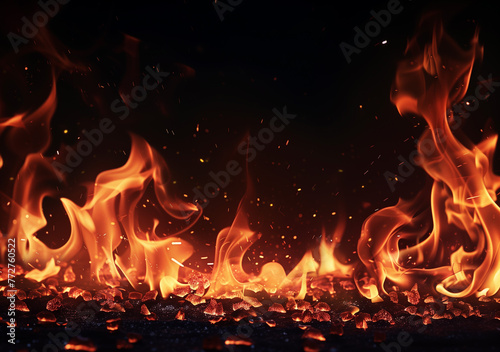 Fire red on a black background, a closeup of burning flames