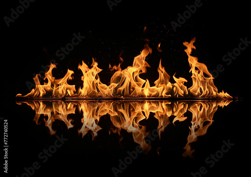 Fire red on a black background, a closeup of burning flames, the flames spread to the right and left of center, a burning fire pattern on a pure black background