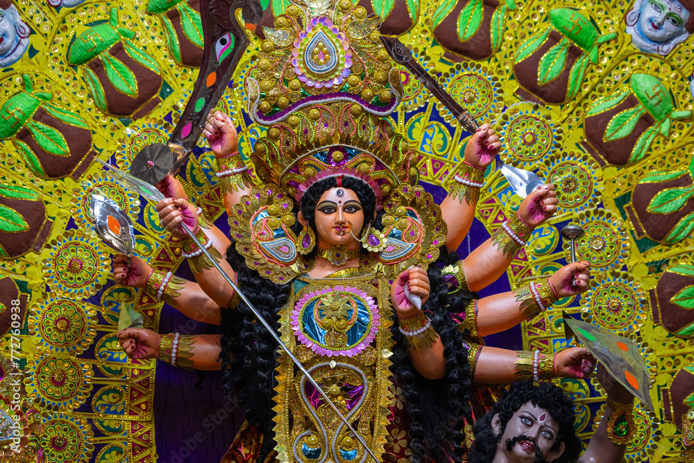 Subho mahalaya, An idol of Goddess Durga decorated in Pandal. Durga Puja is biggest religious festival of Hinduism and for bengalis and is now celebrated worldwide. - obrazy, fototapety, plakaty 