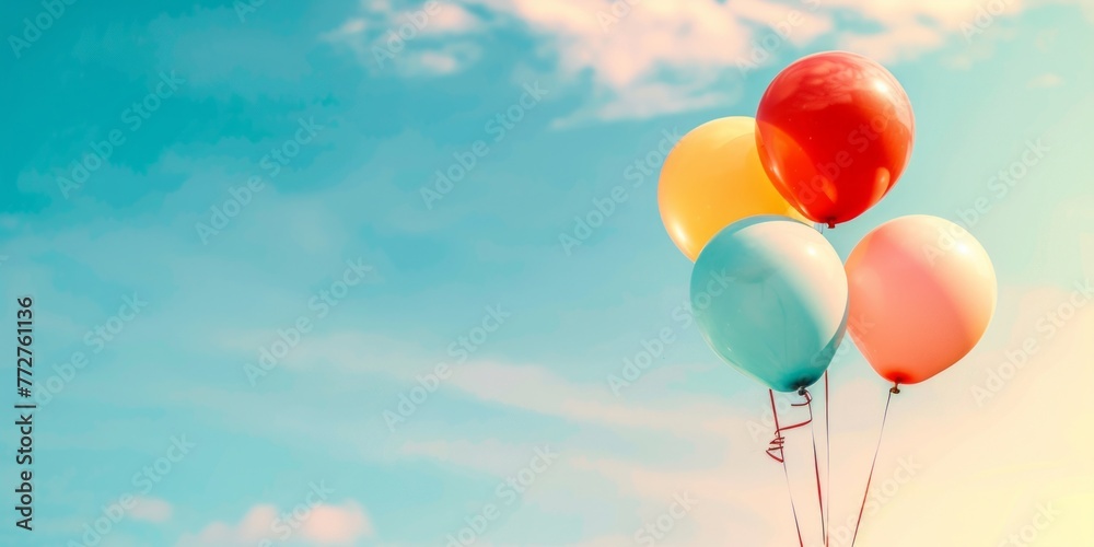 A bunch of colorful balloons floating against a clear blue sky