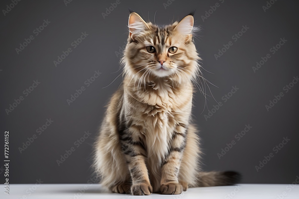 Portrait of a beautiful Bengal cat sitting on grey background