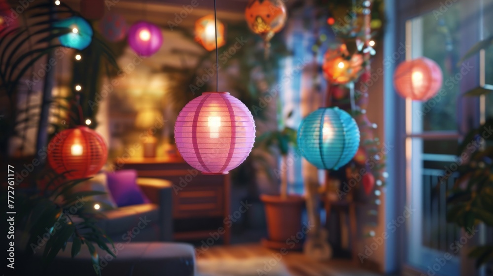 A living room adorned with numerous colorful lanterns, creating a warm and lively atmosphere