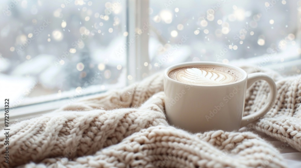 A coffee cup sits atop a window sill, with a cozy knitted sweater nearby A coffee cup sits atop a window sill, with a cozy knitted sweater nearby