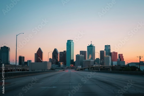 An empty city skyline at sunrise, with the first light of dawn painting the horizon in soft pastel colors, and the promise of a new day dawning over the silent urban landscape, Generative AI © Formatikastd