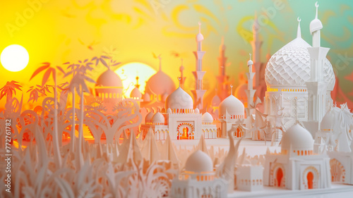 Multi dimensional paper kirigami craft, paper illustration, Islamic background with empty copy space good for a special event like Ramadan or Eid Al-Fitr
