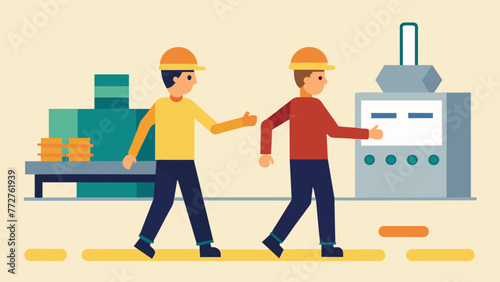 An image of two people in hard hats walking through a factory floor with one pointing to a production machine and the other nodding in
