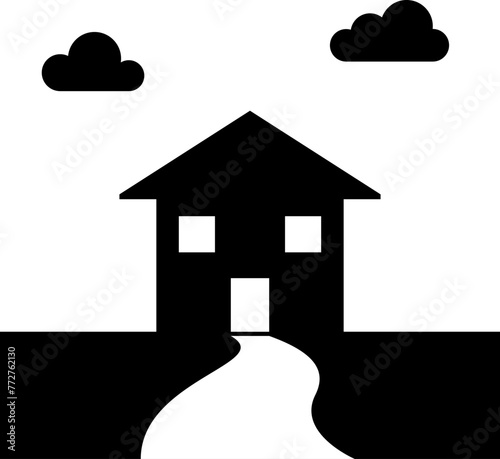 silhouettte housesilhouette house black and white. symbol logo home with road and cloud. simple design graphic. photo