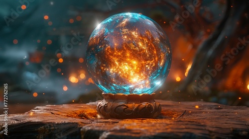 A 3D cartoon of a wizard conjuring spells over a crystal ball showing future stock market trends and gold investments
