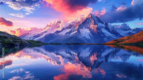A majestic mountain landscape at sunset  snow-capped peaks  a crystal-clear lake reflecting the vibrant sky  serene nature. Resplendent.