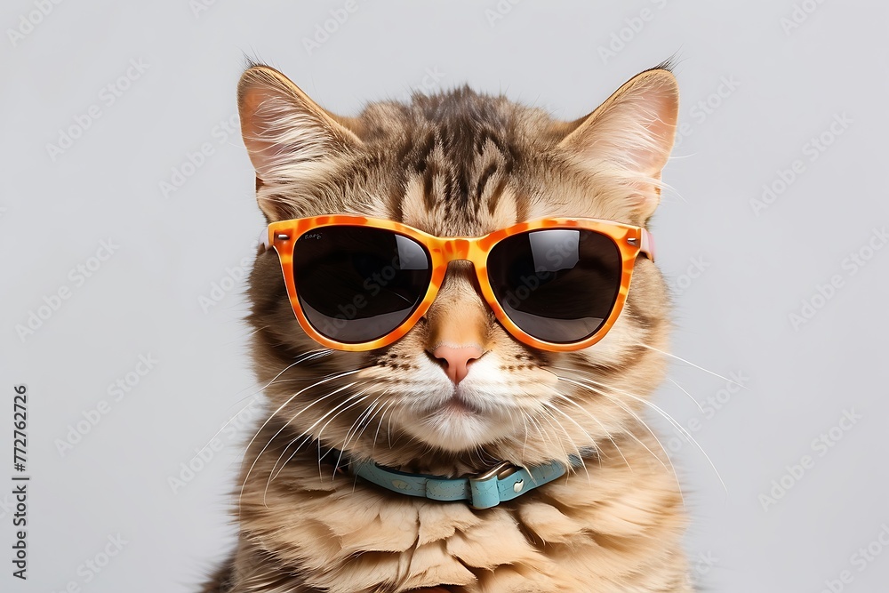 Portrait of a bengal cat wearing sunglasses on grey background